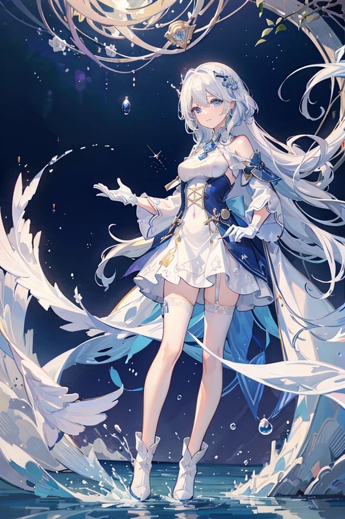 A woman with white hair and blue eyes、adult、Long, fluffy wavy hair、Braiding、Wearing hair ornaments、Smiling、Elegant and ladylike、Elegant、Princess、White gloves、Wearing a cape、White and blue dress、Wave pattern、Decorations such as roses and drops、The dress is short in the front and long in the back、See-through tights with rose pattern、Garter Ring、short boots、water、Fantasy