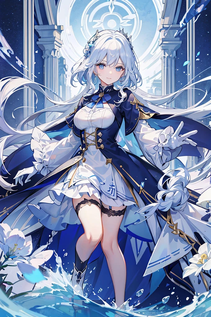 A woman with white hair and blue eyes、adult、Long, fluffy wavy hair、Braiding、Wearing hair ornaments、Smiling、Elegant and ladylike、Elegant、Princess、White gloves、Wearing a cape、White and blue dress、Wave pattern、Decorations such as roses and drops、The dress is short in the front and long in the back、Floral see-through tights、Garter Ring、short boots、water、Fantasy