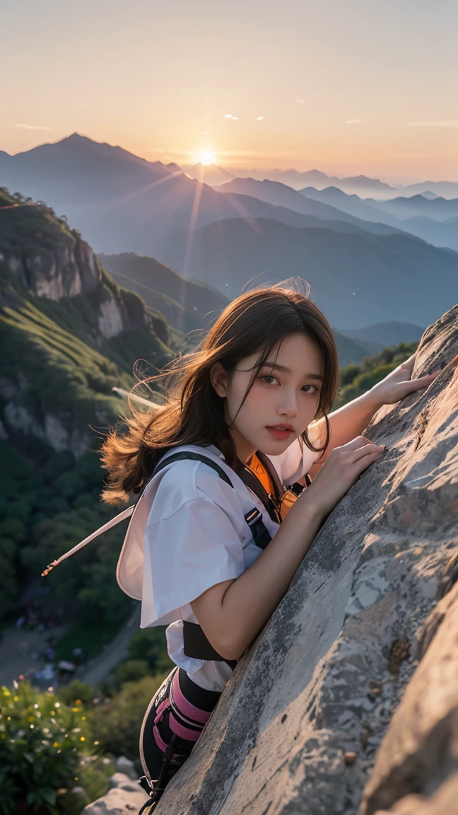 number, Ray Tracing, Radio City, Anisotropic filtration, 16,000, best quality, 1 woman, alone, mature,  beautiful mountain climber, Hiking clothing, Gradient long hair, climbing equipment、laugh、sunset、big breasts 、mountain peak valley