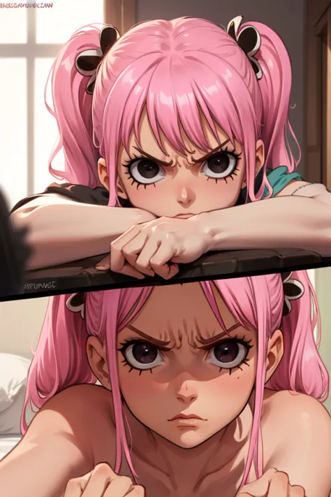(((masterpiece, highly detailed))), pretty face:1.2, ((perona /one piece/)), ((two pink ponytails)), ((cute pose)), ((soft angry...