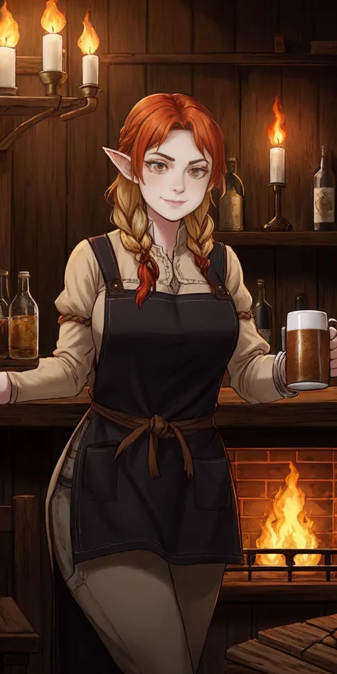 Concept: A medieval fantasy bar scene with a confident female innkeeper. Setting: Style: Medieval fantasy tavern Lighting: Warm,...