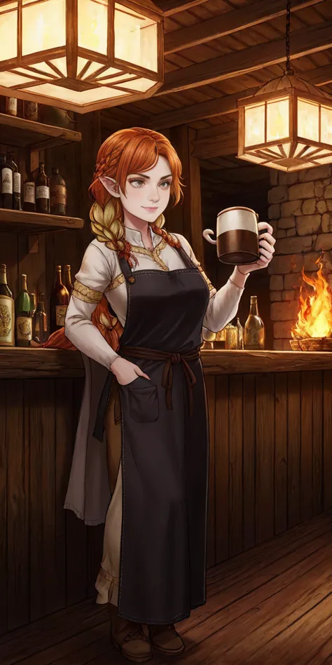 Concept: A medieval fantasy bar scene with a confident female innkeeper. Setting: Style: Medieval fantasy tavern Lighting: Warm,...