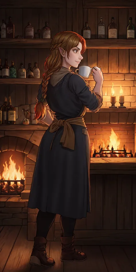 Concept: A medieval fantasy bar scene with a confident female innkeeper. Setting: Style: Medieval fantasy tavern Lighting: Warm,...