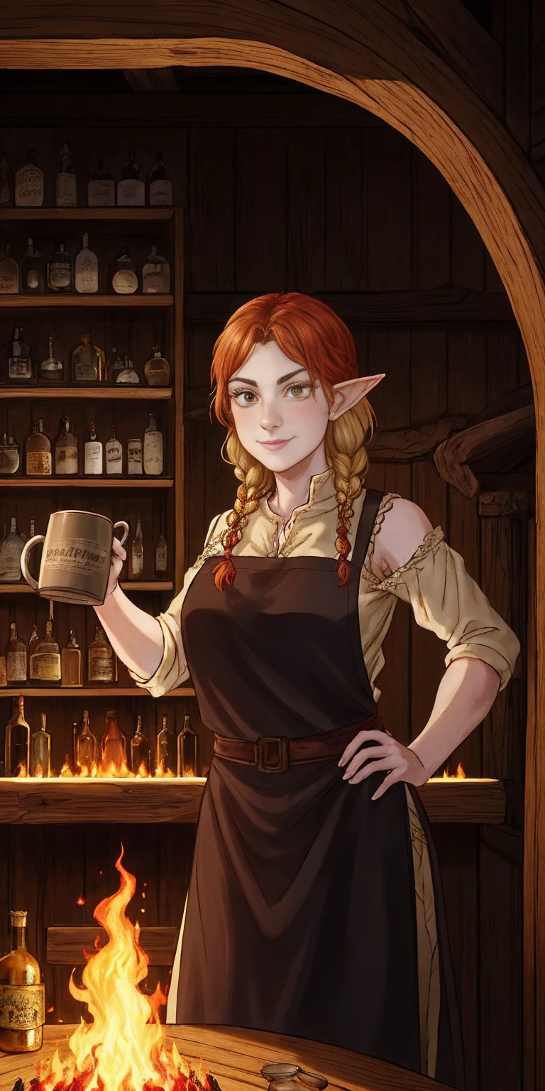 Concept: A medieval fantasy bar scene with a confident female innkeeper. Setting: Style: Medieval fantasy tavern Lighting: Warm, flickering candlelight with a touch of firelight in the background Details: Rough-hewn wooden beams, worn stone floor, shelves stocked with tankards and bottles, a large fireplace Characters: Main character: A strong, middle-aged woman with fiery red hair braided back. She wears a sturdy leather jerkin and a worn apron, exuding a sense of seasoned experience. Optional extra: A few patrons in the background, a mix of fantasy races like humans, elves, or dwarves. Action: The innkeeper holds a large, overflowing mug of ale, a hint of a smile playing on her lips. (Optional) She leans on the bar, one hand on the mug, the other resting on her hip. Mood: Welcoming, lively, a place for weary travelers and adventurers to relax and share stories. This breakdown provides a clear structure for your image generation. You can further refine it by specifying details like: Hair color/style for the innkeeper (fiery red in braids) Race of the patrons (a human bard, or warrior) Specific ale (a dark, rich stout) Overall color palette (warm browns, golden highlights)