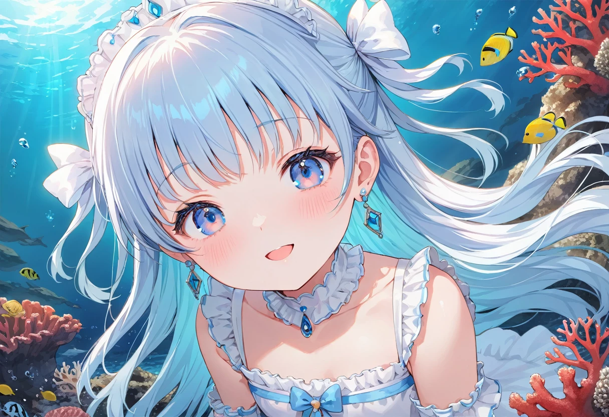 masterpiece, best quality, extremely detailed, (illustration, official art:1.1), 1 girl ,(((( light blue long hair)))), ,(((( light blue long hair)))),light blue hair, , long hair ((blush)) , cute face, big eyes, masterpiece, best quality,(((((a very delicate and beautiful girl))))),Amazing,beautiful detailed eyes,blunt bangs((((little delicate girl)))),tareme(true beautiful:1.2), sense of depth,dynamic angle,,,, affectionate smile, (true beautiful:1.2),,(tiny 1girl model:1.2),)(flat chest), (adolescence girl), (loli, petite), small smile, ,Big earrings,(The Coral Princess’s earrings are made of beautiful coral born from the depths of the sea. These earrings highlight her beauty even more, and their presence symbolizes the mystery and power of the sea. When she wears these earrings, those around her are fascinated by her beauty and elegance.),face close up
