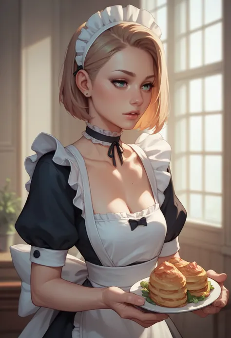 choker, maid&#39;s headdress, nude、huge breasts、staring at a huge penis、surprised、blush、upper body only、erect penis、pregnant wom...