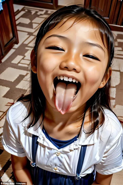 chinese,8-year-old,,woman,show only the face,a scary smile,open your mouth and eyes wide,stick your long tongue out of your mout...