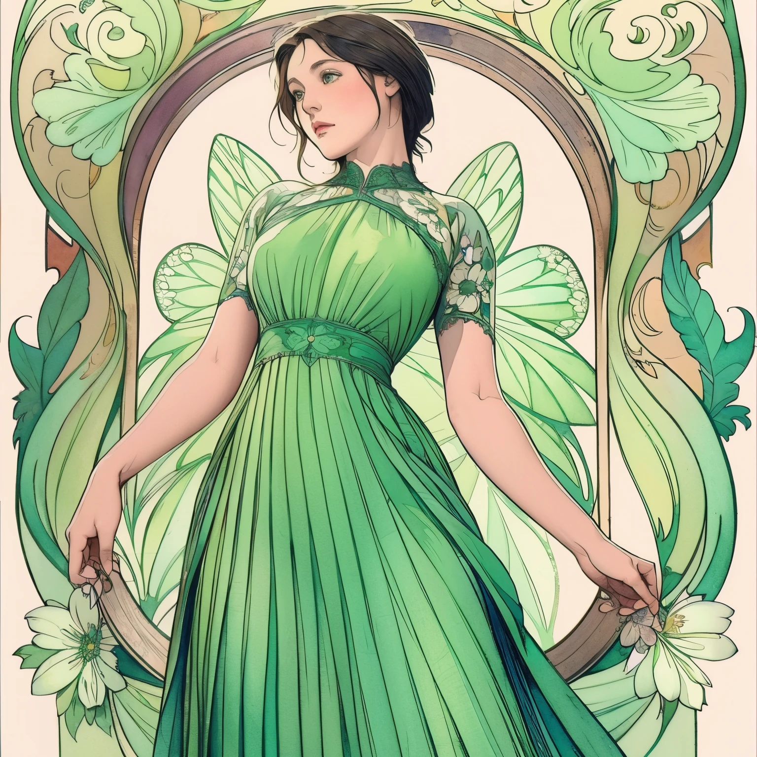 ((obra maestra)), (de la máxima calidad), acuarela art nouveau, (estilo simple), vestido verde, corazon de mariposa, encaje plisado, vestido de encaje eduardiano , como una flor_fondo, Diseños y patrones intrincados al estilo de Alphonse Mucha.desde abajo.