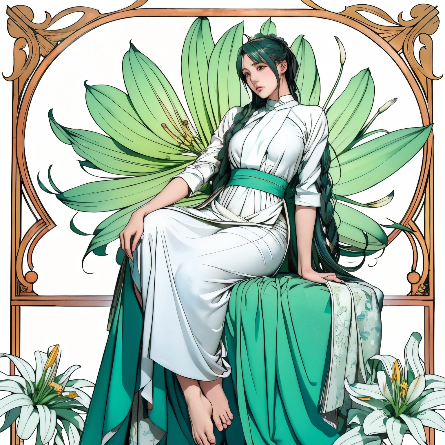 Alphonse Mucha風のポスターイラスト, Pintura bidimensional, Hatsune Miku con un vestido gris pálido hasta los tobillos,sosteniendo un ramo de lirios blancos,Como todo el cuerpo,esbelto,descalzo,Art Nouveau, plantas de fondo, Hmph, Mesa, Alphonse Mucha, Atención a los detalles