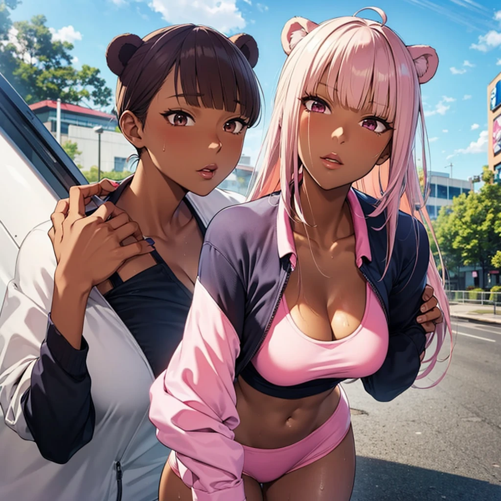 The sky is low, mix_Artwork Style, Hanging , big , Cleavage, Sweaty, sexy, thick, 1 girl, Brown eyes, Pink Hair, Long Hair, Dark Skin, Pink bear ears, Long sleeve, Sleeves are longer than the wrist, Crop top, Improve, lips, White nails, Long nails