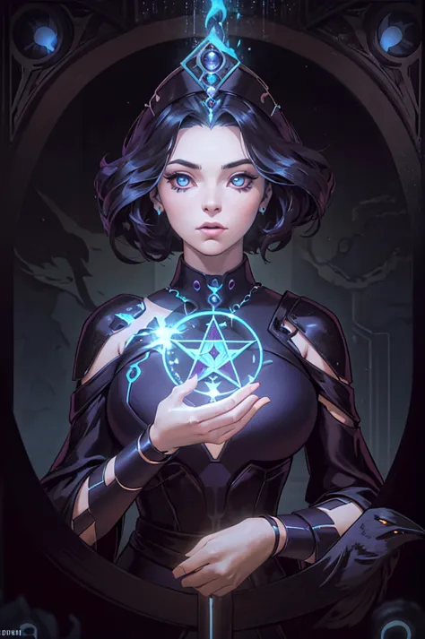 depicts a modern-day witch who has embraced the world of cybernetics to enhance her magical abilities. the artwork should convey...