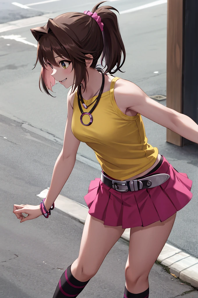 Tabletop, Highest quality, High resolution, Mamasaki, ponytail, Hair Scrunchie, necklace, Yellow Shirt, No sleeve, bracelet, Belt Bag, mini skirt, Pink Skirt, Black knee socks, Outdoor, Cowboy Shot, ((Backward view)),(From below) , smile, Leaning forward,Black panties