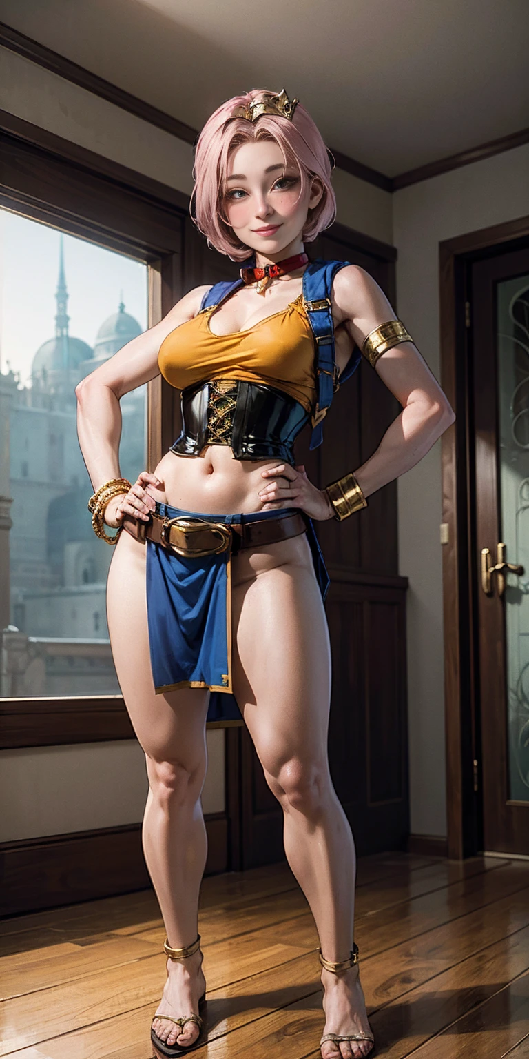 masterpiece, best quality, full body, barefoot, solo, female, big breast, Android 18, yellow bikini, hands on waist, navel, lustful smirking smiling, smile face (red blushed, red cheeks), metal shoulders, gold sleeveless armbands, black leather choker collar, shackle bracelets, pauldrons, breastplate, corset, eye focus, full body, whole body, loincloth standing, hands on hips, metal sandals, backpack, twin big belt, view from below, feet together, bracers, tiara