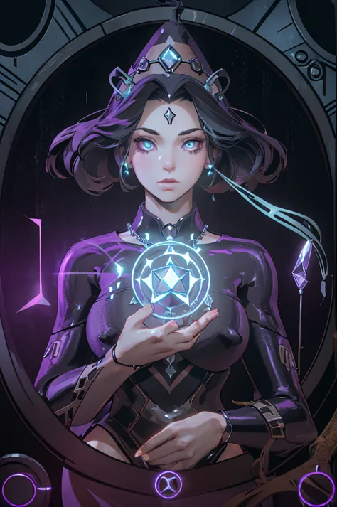 depicts a modern-day witch who has embraced the world of cybernetics to enhance her magical abilities. the artwork should convey...