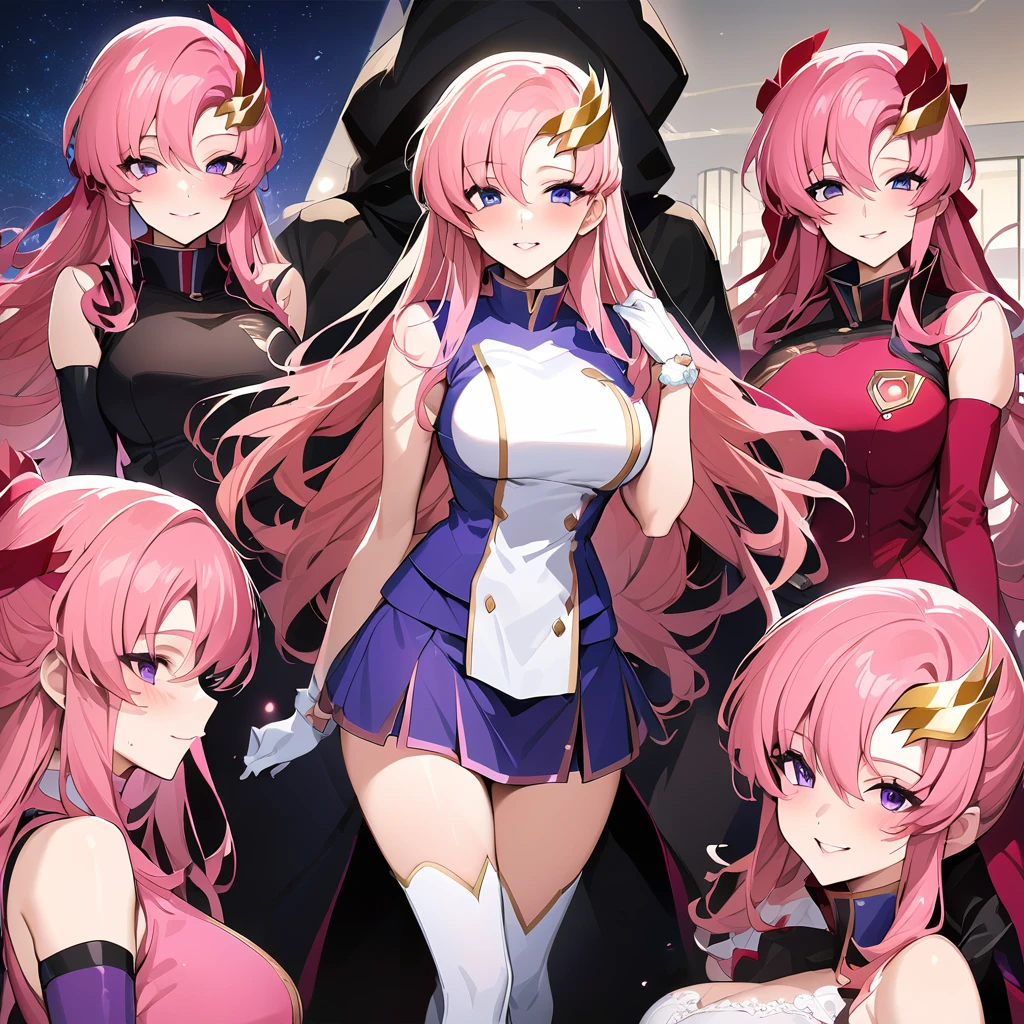 ((Highest quality)), ((masterpiece)), (detailed), （Perfect Face）、The woman is Lacus Clyne, a member of the Foundation and wife of Orpheus, King of the Accord, wearing the Black Knights Code uniform, an engagement ring, beautifully decorated accessories, and a gorgeous hair ornament. She has medium-long pink hair.、Beloved wife of Orpheus, King of Accord