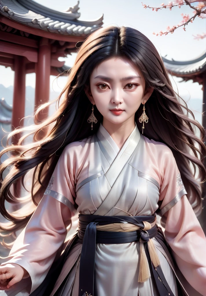 highly detailed skin, highly detailed face, actress portrait, hanfu, tang style, gzl, hong kong city view, silver earrings, blush,(),20 years old, gzl, hem of hanfu dress resembles smoke, fractal art, long hair , typhoon, arms up, fighting stance, close range, looking towards the audience