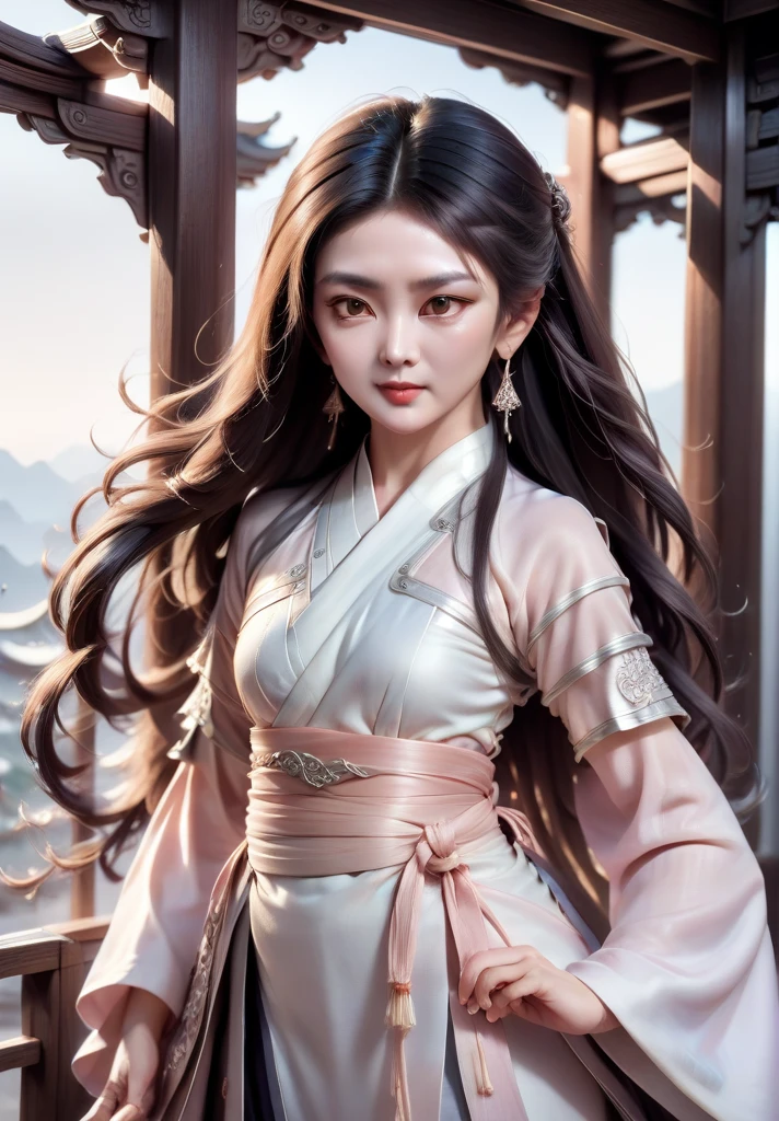 highly detailed skin, highly detailed face, actress portrait, hanfu, tang style, gzl, hong kong city view, silver earrings, blush,(),20 years old, gzl, hem of hanfu dress resembles smoke, fractal art, long hair , typhoon, arms up, fighting stance, close range, looking towards the audience