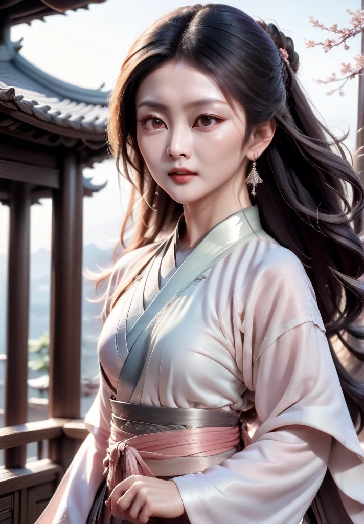 highly detailed skin, highly detailed face, actress portrait, hanfu, tang style, gzl, hong kong city view, silver earrings, blush,(),20 years old, gzl, hem of hanfu dress resembles smoke, fractal art, long hair , typhoon, arms up, fighting stance, close range, looking towards the audience