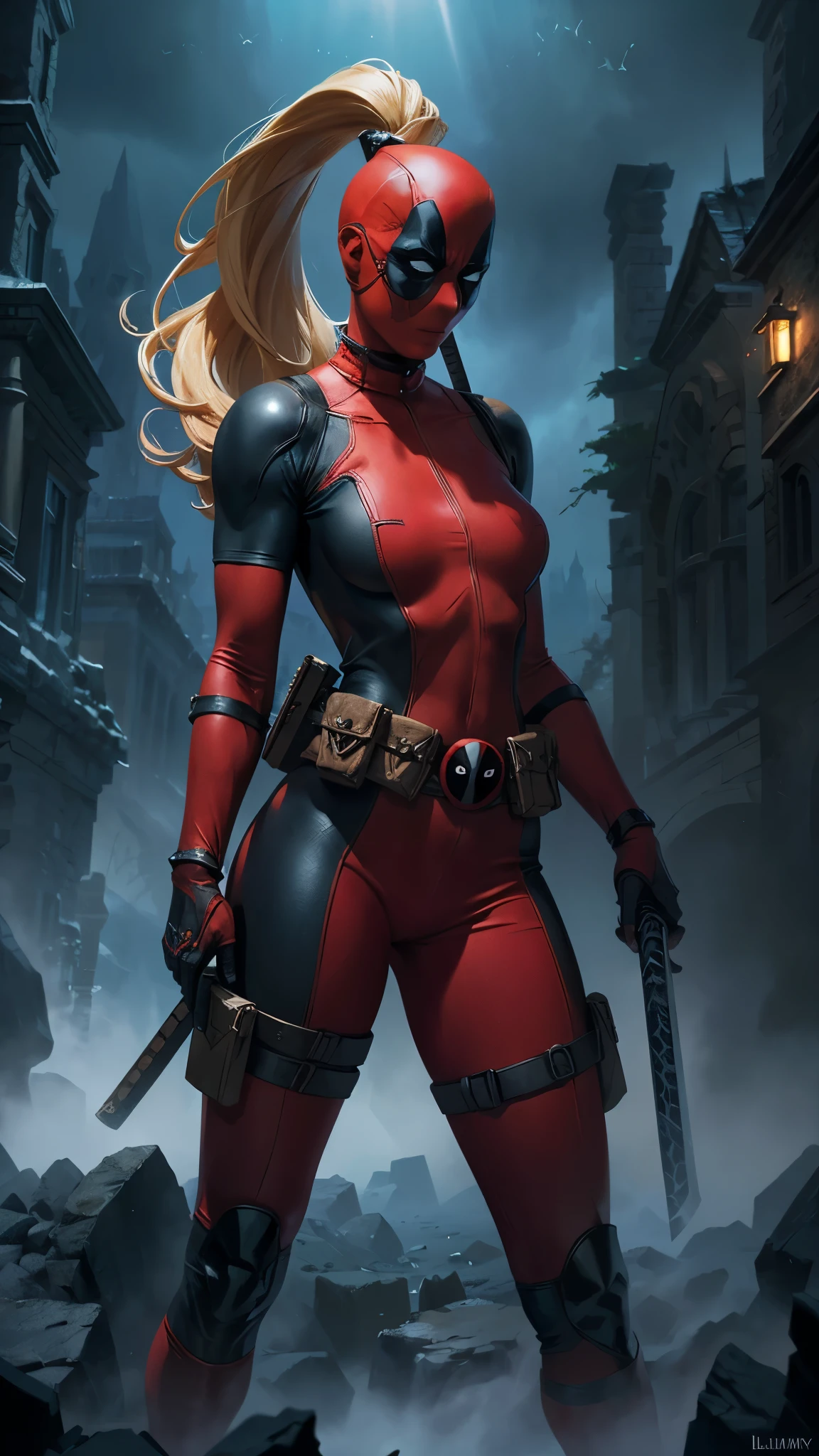 chef-d&#39;œuvre, Meilleure qualité, haute résolution, contrasté,le maillot de corps_Dame_Dead Pool_proprewaifu,
1fille, masque, cheveux blond, queue de cheval, cheveux longs, gros seins, pas d&#39;élèves, 
le maillot de corps, peau tendue, super-héros, pochette de ceinture, ceinture utilitaire, red le maillot de corps, gants, arme sur le dos, poche de cuisse, sangle de cuisse, étui de cuisse, boucle de ceinture, col roulé, particules légères, profondeur_de_champ, paysage, nuit, fermer, seulement,Style d&#39;art fantastique épique HD, Art fantastique 4k, art numérique épique et fantastique style, art fantastique épique style, Femme fantastique, art fantastique épique portrait, style fantastique épique, art fantastique hyperréaliste, Art fantastique HD, art de personnage de fantasy épique, art fantastique épique, in style de dark fantasy art, art numérique épique et fantastique, ,(Fond de ruines de donjon en ruine:1.4 ),(Dame Deadpool:1.4), (éclairage cinématographique :1.4), (anatomie parfaite :1.4), (pose de cow-boy) 