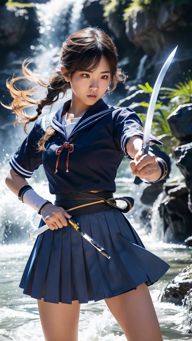 (Ultra HD, Highest quality, High resolution, Surreal, so beautiful), 24000dpi, Beautiful woman, Long Tail, Well-formed eyes, greatest visual acuity, 18-year-old, Fascinating, Totally American, Perfect body, Physical Beauty, ((Japanese blue sailor uniform, Navy blue mini skirt, Seraphim)), (((2 Foot Knife, He has an electric Japanese sword., Bidirectional))), Blue Lightning, Charge Move, Special Move Stance, All-in-one, dance, whole body