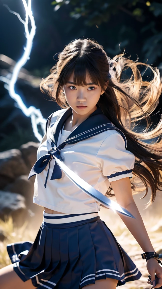 (Ultra HD, Highest quality, High resolution, Surreal, so beautiful), 24000dpi, Beautiful woman, Long Tail, Well-formed eyes, greatest visual acuity, 18-year-old, Fascinating, Totally American, Perfect body, Physical Beauty, ((Japanese blue sailor uniform, Navy blue mini skirt, Seraphim)), (((2 Foot Knife, He has an electric Japanese sword., Bidirectional))), Blue Lightning, Charge Move, Special Move Stance, All-in-one, dance, whole body