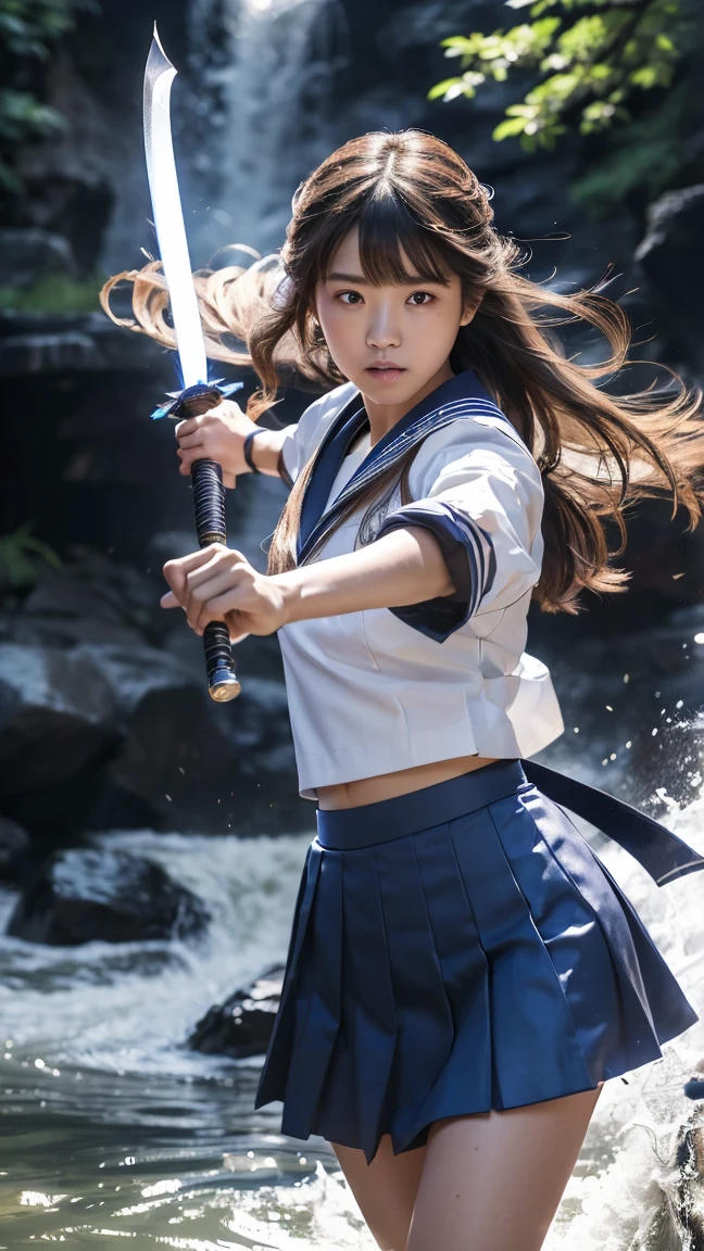 (Ultra HD, Highest quality, High resolution, Surreal, so beautiful), 24000dpi, Beautiful woman, Long Tail, Well-formed eyes, greatest visual acuity, 18-year-old, Fascinating, Totally American, Perfect body, Physical Beauty, ((Japanese blue sailor uniform, Navy blue mini skirt, Seraphim)), (((2 Foot Knife, He has an electric Japanese sword., Bidirectional))), Blue Lightning, Charge Move, Special Move Stance, All-in-one, dance, whole body