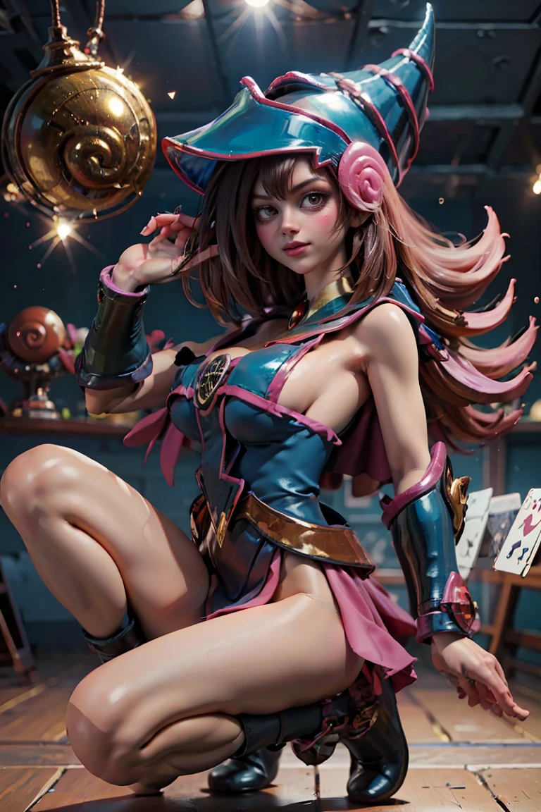 (masterpiece:1.2), (The best quality:1.2), perfect lighting, Dark Magician Girl casting a spell, floating in the air, big tits, naked. Shows her big tits and pink nipples. Nice open legs. magic background.  Sparkles, Yugioh Card in the background. En tacones y naked 