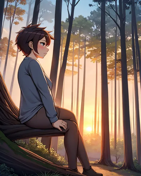 Human girl in the forest sitting on a fallen log, fog, sunrise