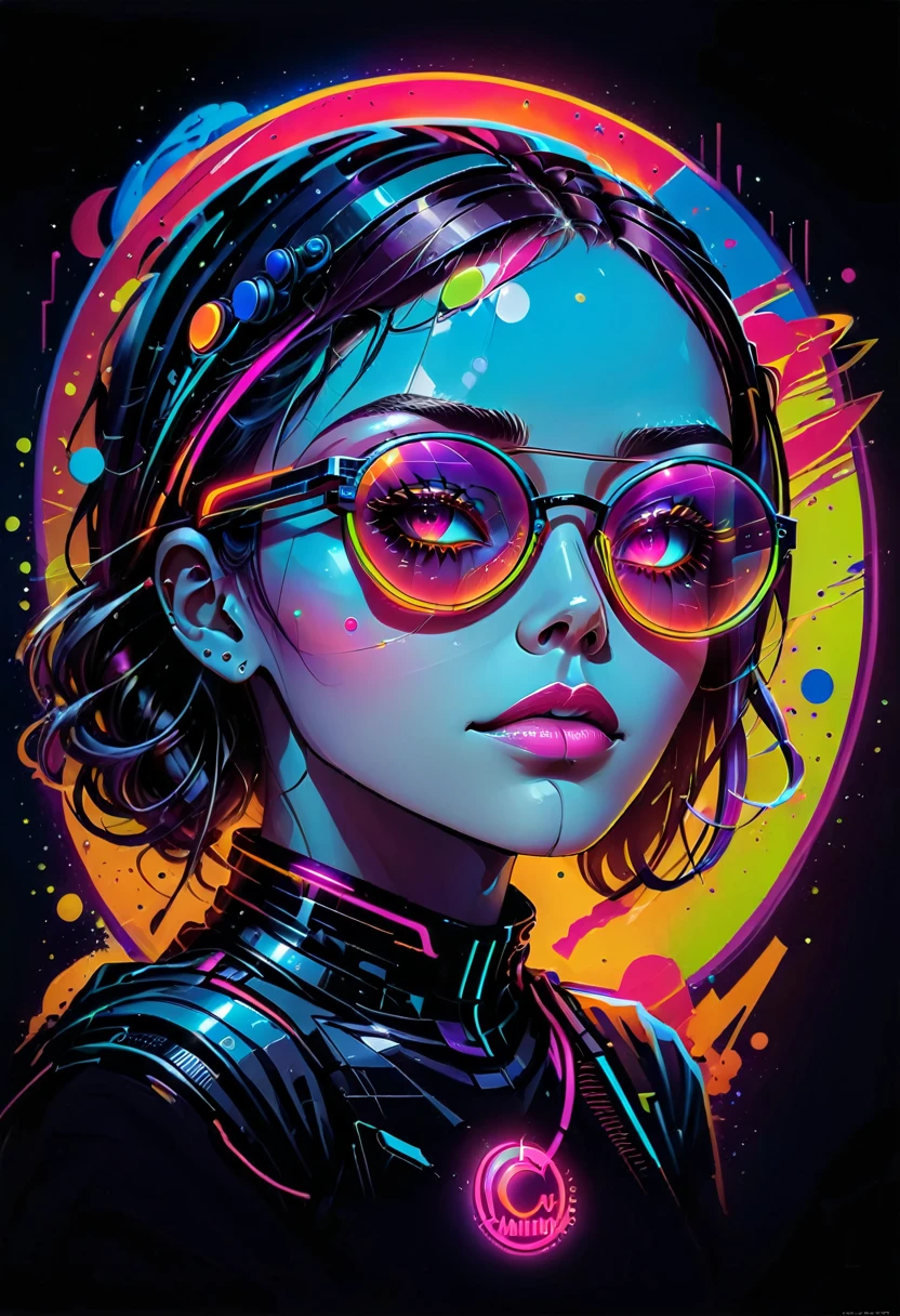 Imagine the face of a futuristic woman, with neon colored glasses, Behind her there is a circle that resembles the planet Earth, The image has flashes in neon colors