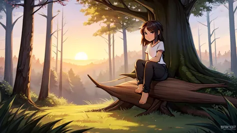 Human girl in the forest sitting on a fallen log, fog, sunrise