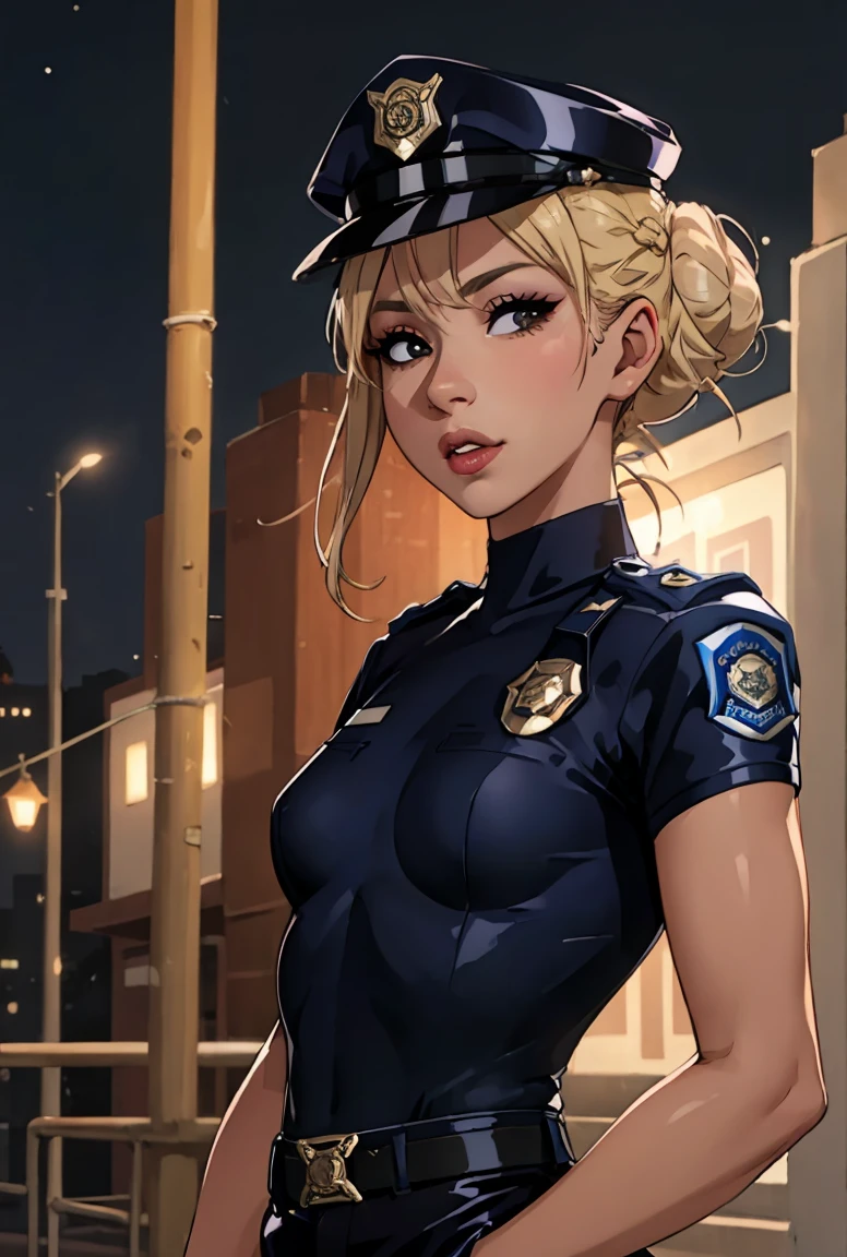 (cowboy shot:1.5) 1 same girl , perfect beautiful , Madurese way , ((korean woman)), Korean 18 years old , ((big hair bun:1.4)) , ((police officer costume)), ((police cap:1.5)),athletic body , ((small breasts:1.5)) Extremely detailed portrait with bokeh effect , Realistic lighting ,(latex pants)Night view of the street , dark environment , (small body:1.7) streets , gothic makeup  , posing as a model , look at the viewer, ((swollen lips:1.3)), cool lighting, blue streetlight light((sunset ambient light:0.8))