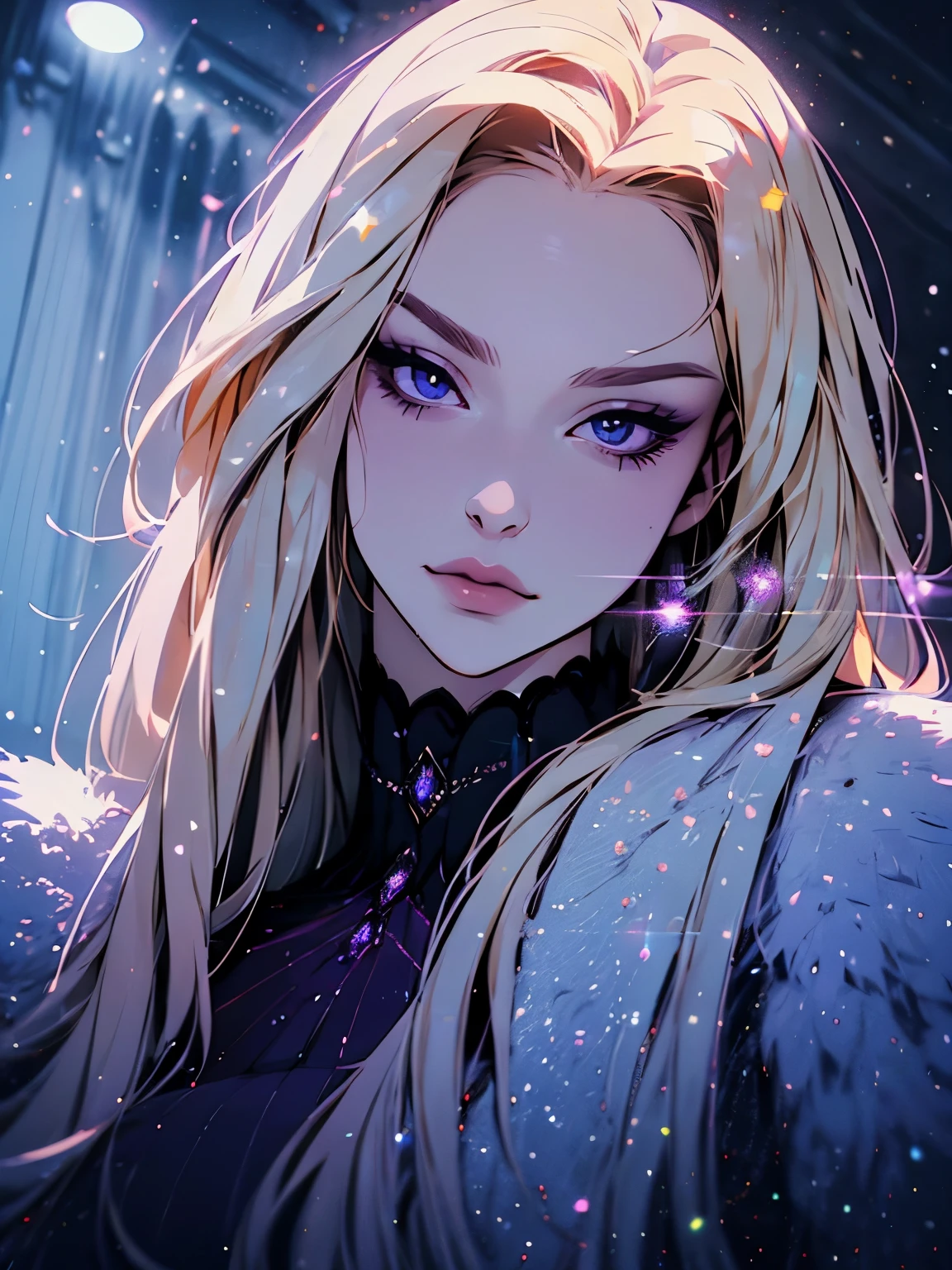 hyper-realistic portrait of a mysterious and elegant woman with flowing soft highlighted blonde hair, piercing ((purple eyes)), little smile and a elegant overcoat, dutch angle, heavy winter (snowing)
