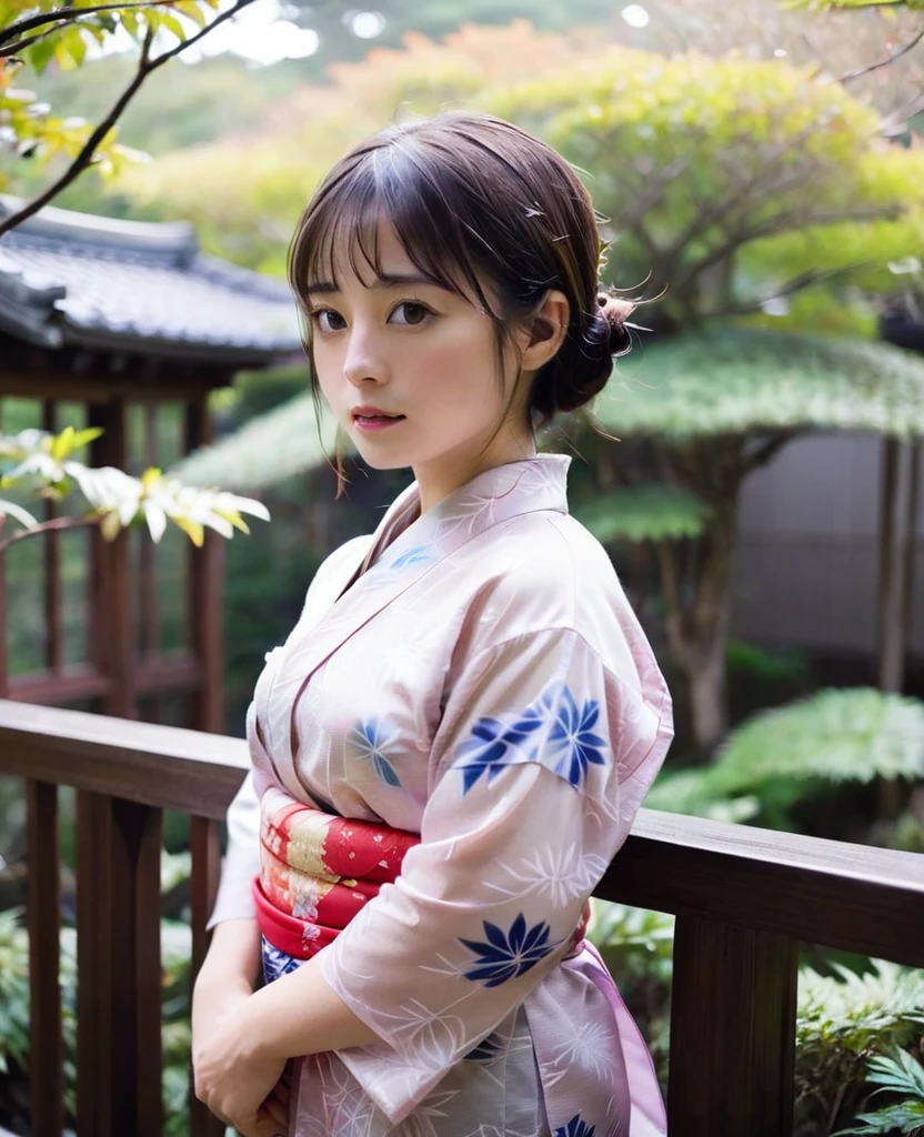  A woman wearing a transparent yukata、Japanese garden、in the garden、Balcony