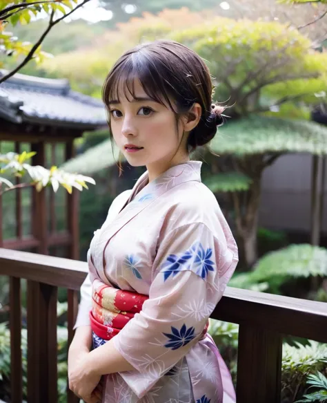 a woman wearing a transparent yukata、japanese garden、in the garden、balcony