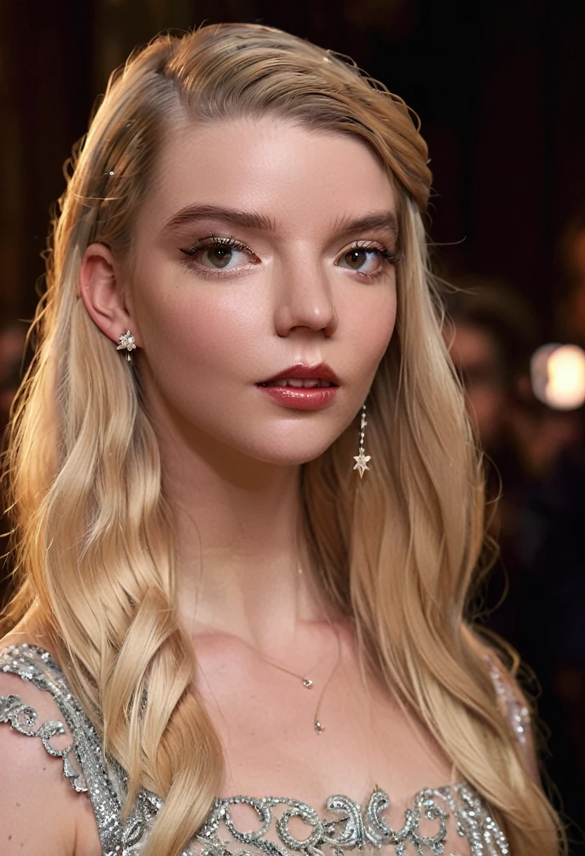 Anya Taylor Joie, cheveux longs blonds, hier soir à Soho,éclairage volumétrique,chef-d&#39;œuvre, highly détailed skin,pores,Cinématique,ajouter_détail, 4k, HD