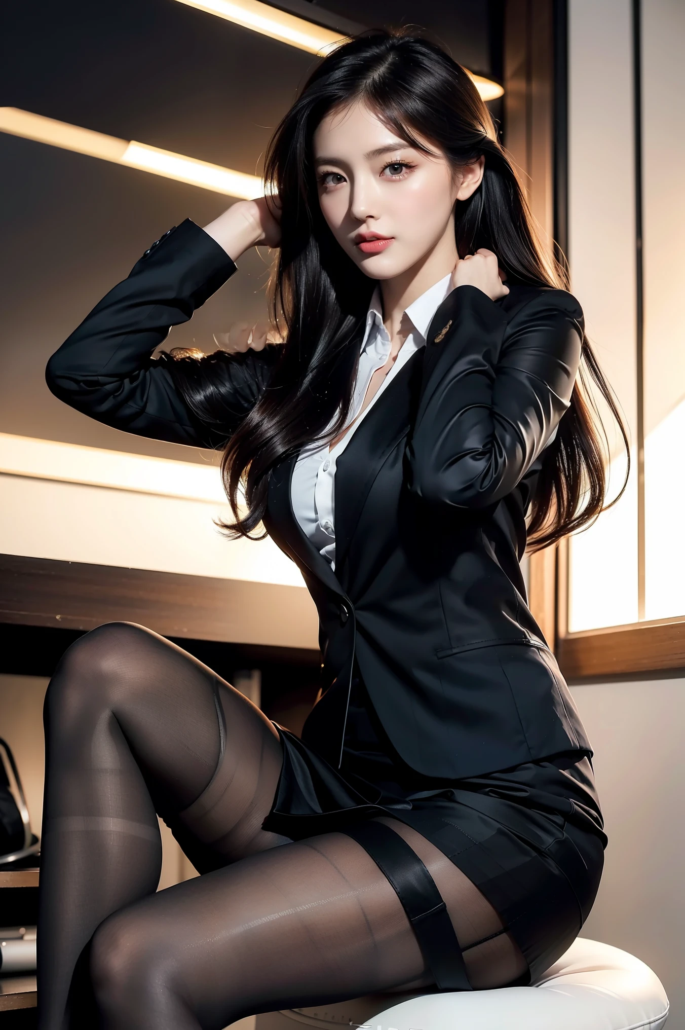 Beautiful kinky woman portrait: Full body portrait, Slim Rest, masterpiece、first class、thin、Beautiful eyes and muscles、((first class))、Skin depression、sit、Spread your legs、No pants、(From below)、High heels、front、Outdoor、(adjusting hair:1.5) OL、black office blazer、Office Skirt、(pantyhose black)、