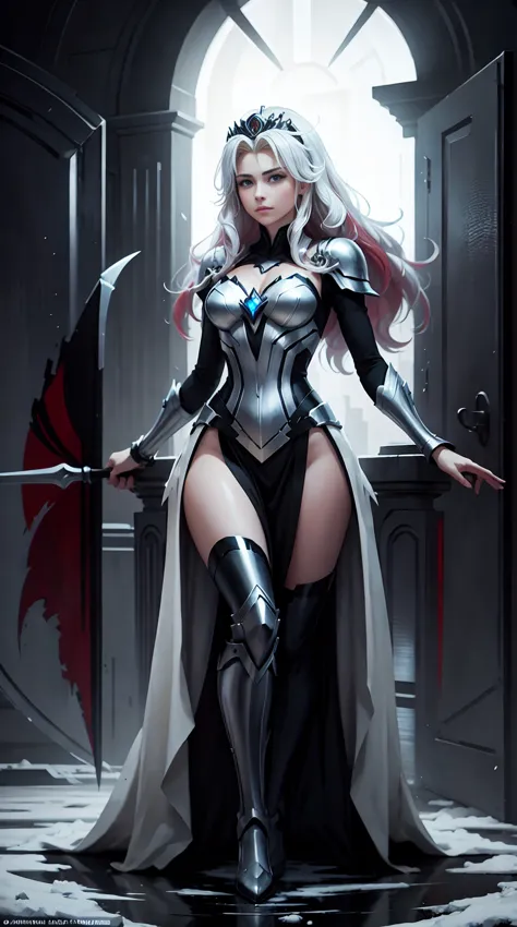 ((full body photo, standing)) 1 gorgeous european blonde woman, age 23, she is the powerful queen of the frozen world, she stand...