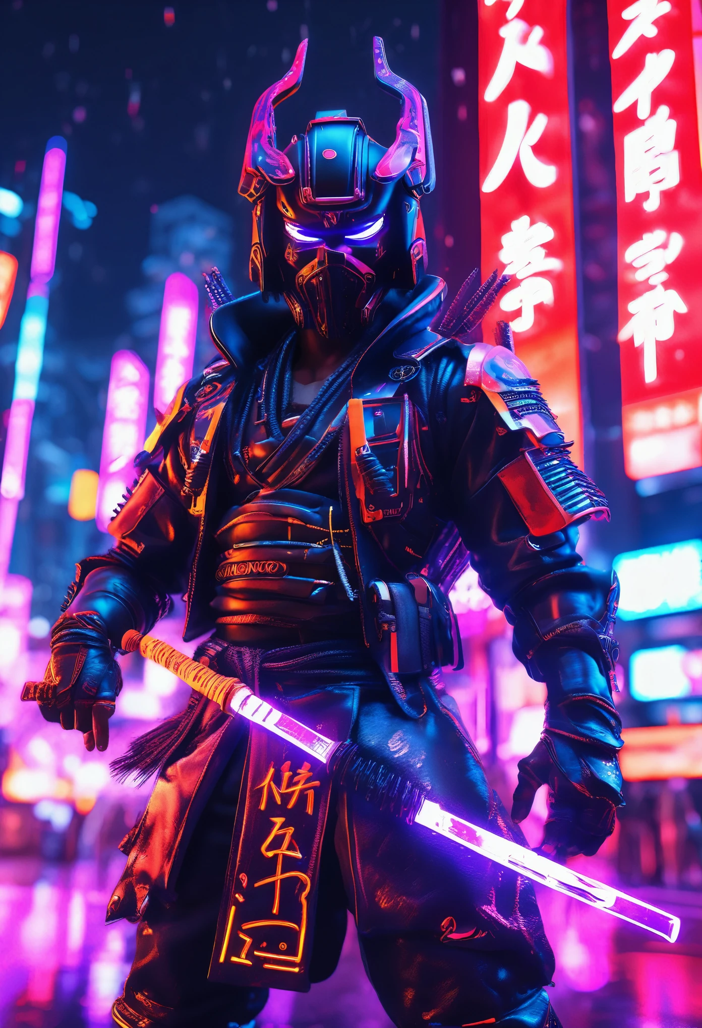 ein schwarzer Samurai in einer Cyberpunk-Stadt mit Neon-beleuchteten 3D-japanischen Schriftzeichen, die in der Luft um ihn herum schweben, Filmszene, 32k, Ultra-HD mit wunderschöner, filmischer Beleuchtung  Ultra-HD,  hyperrealistische Bilder, 32k, schöne und lebendige Bilder.