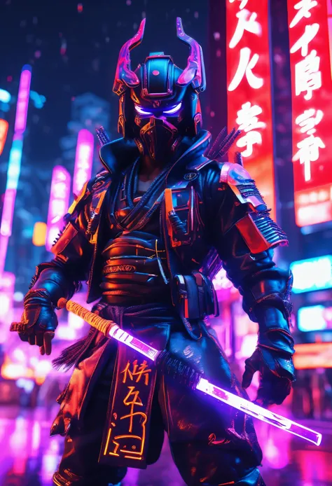 a black samurai in a cyberpunk city with neon lit 3d japanese alphabets in air floating around him, cinematic scene, 32k, ultra ...