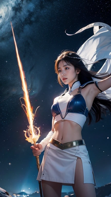 White combat uniform、skirt、Goddess of War、Staff、High resolution、Unknown powers、thunder、Wind、inflammation、muscle、Planetary alignment、Starry Sky、Blue light、Laser beam、God&#39;s Weapon、Diffuse reflection of light、Cyber Valkyrie