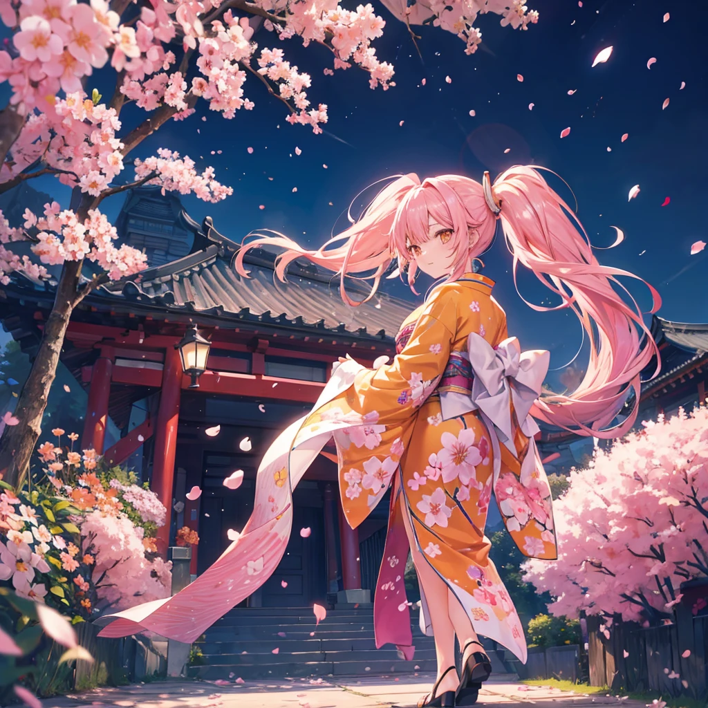 ((((Pink Hair、Long Hair、ponytail　Orange eyes、Shine))))　(((Adult women　Rin々Funny face　Cherry blossom petals)))　((Thimble gloves　kimono、Pink and Yellow))　(Red Shoes　Belligerent　Shine背景　Shine縁)