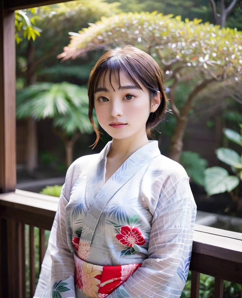  A woman wearing a transparent yukata、Japanese garden、in the garden、Balcony