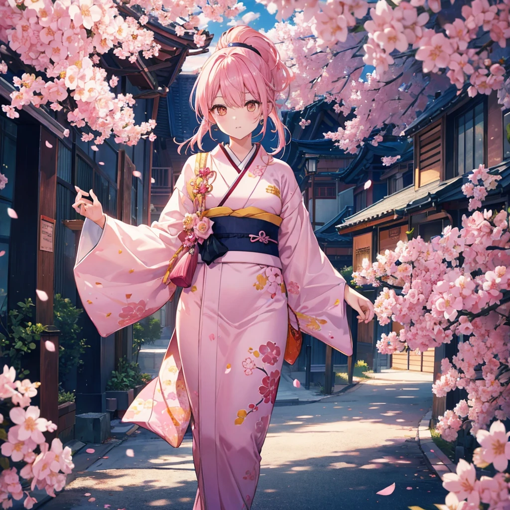 ((((Pink Hair、ponytail　Orange eyes、Shine))))　(((Adult women、slender　Rin々Funny face　Cherry blossom petals)))　((Thimble gloves　kimono、Long-sleeved kimono、Pink and Yellow))　(Red Shoes　Belligerent　Shine背景　Shine縁)