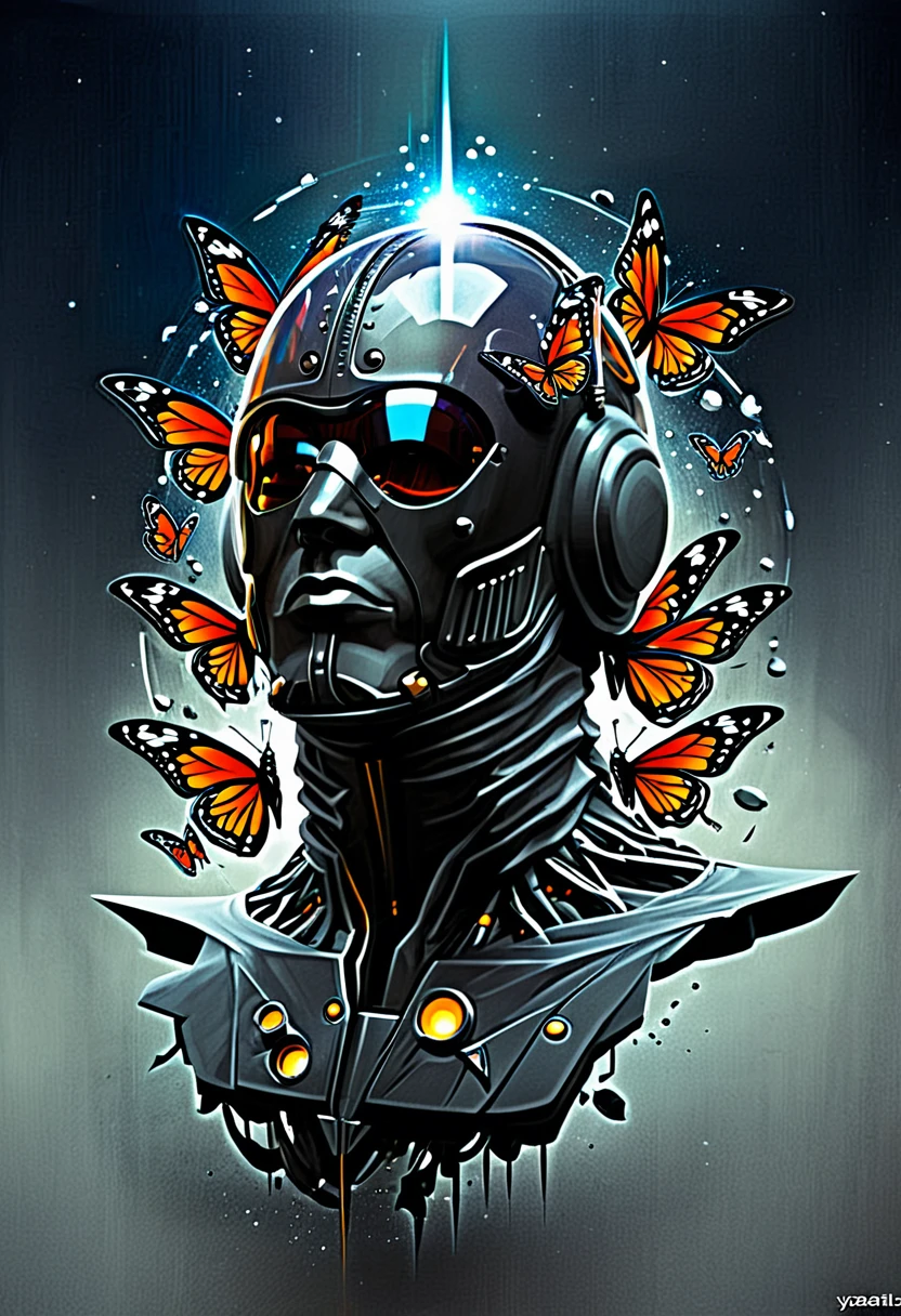 imagine the print for a street wear style t-shirt face of a futuristic humanoid with a futuristic steel helmet, The background of the image is black with bright flashes simulating that it is in outer space , It gives a metal effect, Very realistic butterflies fly around it., add geometric elements and bright sparkles , style by Yoga Pratama al