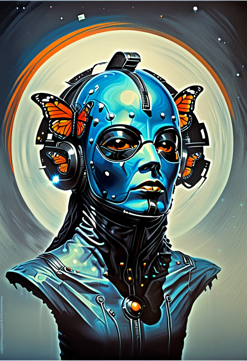 imagine the print for a street wear style t-shirt face of a futuristic humanoid with a futuristic steel helmet, The background of the image is black with bright flashes simulating that it is in outer space , It gives a metal effect, Very realistic butterflies fly around it., add geometric elements and bright sparkles , style by Yoga Pratama al