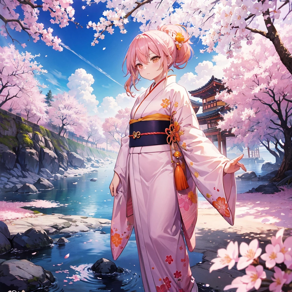 ((((Pink Hair、ponytail　Orange eyes、Shine))))　(((Adult women、slender　Rin々Funny face　Cherry blossom petals)))　((Thimble gloves　kimono、Long-sleeved kimono、Pink and Yellow))　(Red Shoes　Belligerent　Shine背景　Shine縁)