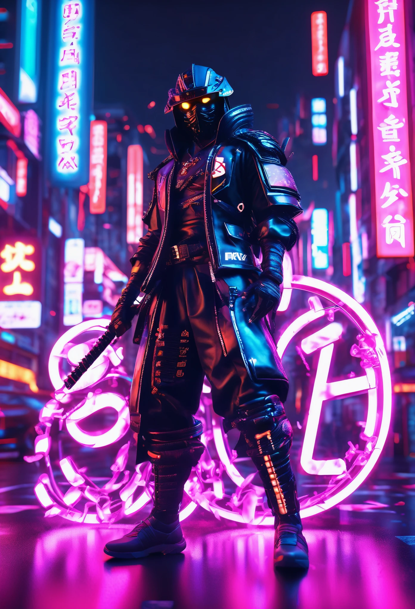 a black samurai in a cyberpunk city with neon lit 3d Japanese alphabets in air floating around him, cinematic scene, 32k, ultra HD with beautiful cinematic lighting  ultra HD,  hyper-realistic images, 32k, beautiful and vibrant images.