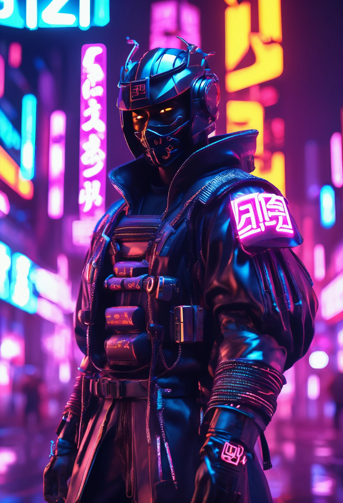 ein schwarzer Samurai in einer Cyberpunk-Stadt mit Neon-beleuchteten 3D-japanischen Schriftzeichen, die in der Luft um ihn herum schweben, Filmszene, 32k, Ultra-HD mit wunderschöner, filmischer Beleuchtung  Ultra-HD,  hyperrealistische Bilder, 32k, schöne und lebendige Bilder.