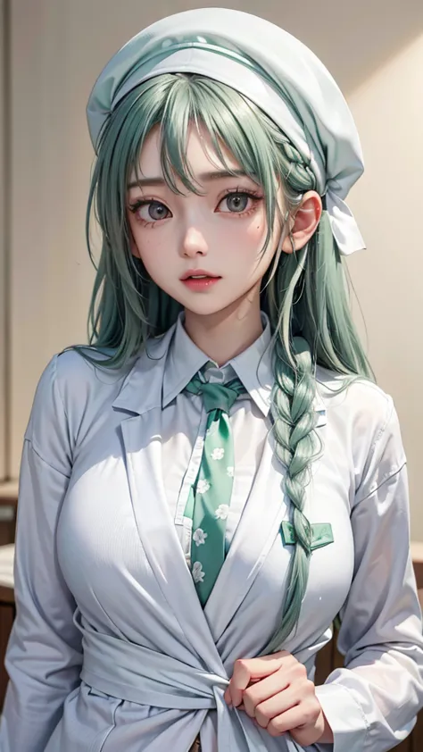 One girl, (Sagging under the eyes:1.5), (detailed face),Mint green hair, twin_Braiding, White Beret, White shirt, Floral tie,