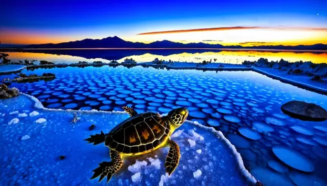 A magical night view of the Uyuni Salt Flats in a secret location, Beautiful light blue lake,Baby turtle playing with baby gecko